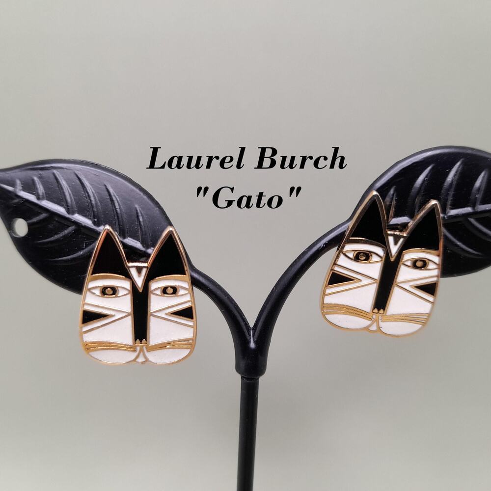 Vintage Laurel Burch "Gato" Cat Post Earrings, Enamel, Gold Plated, 1980s